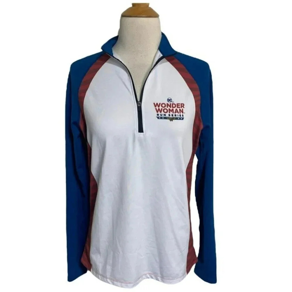 Running Man womens M red white + blue wonder women 1/4 zip‎ performance top